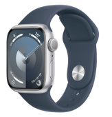 Apple Watch Series 9, 41 мм, корпус из алюминия серебристого цвета, спортивный ремешок цвета «грозовой синий», размер S/M